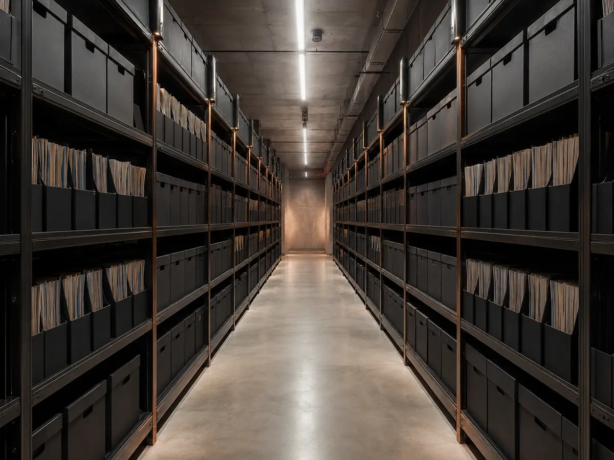 Geordnetes Archiv mit neutralen schwarzen Archivboxen